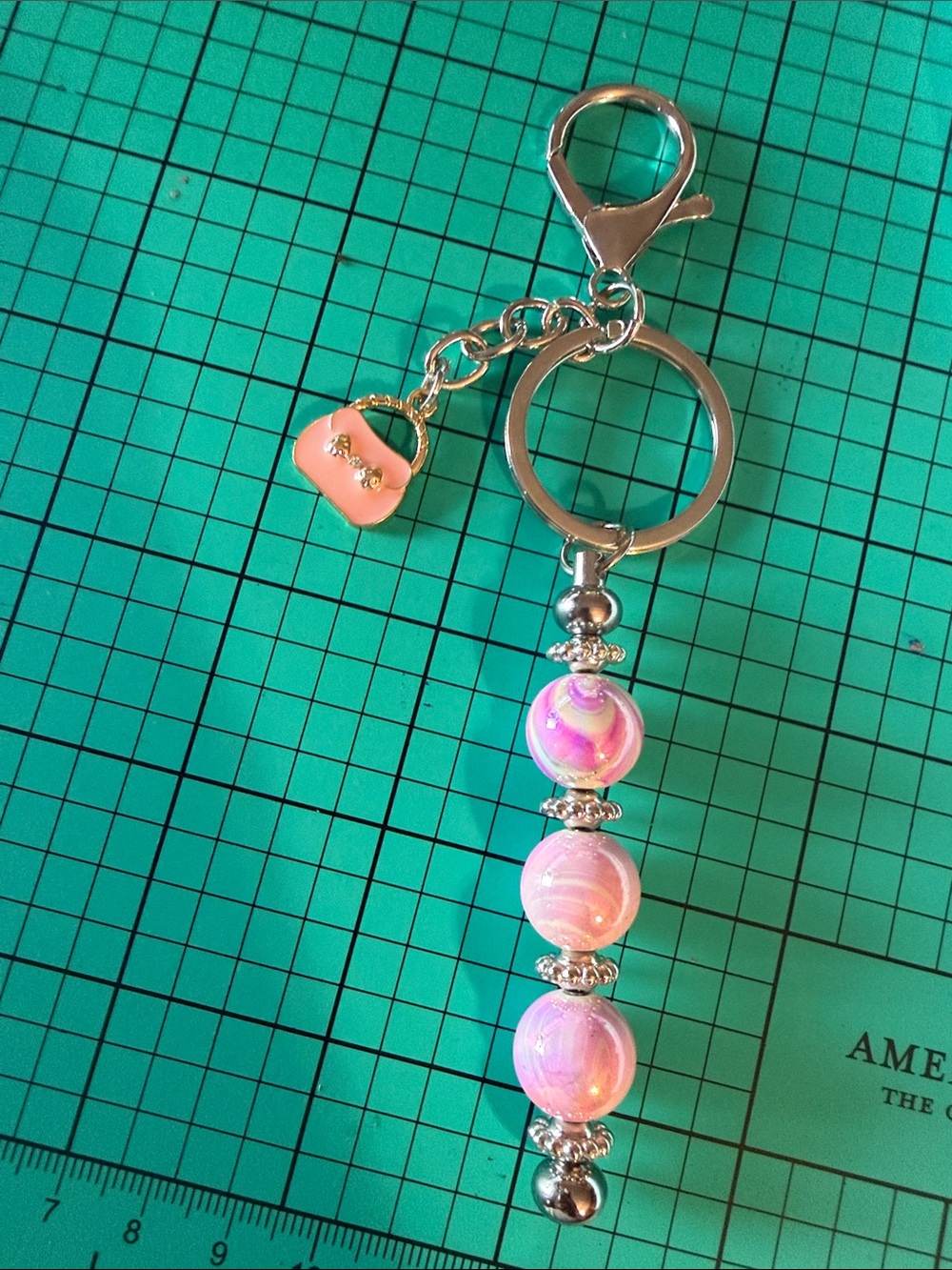 Pink Swirl Bead Keychain with Mini Handbag Charm